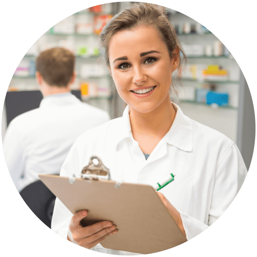 pharmacist in white coat with clipboard and pen