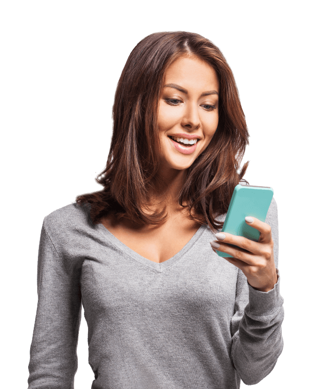 smiling woman using smartphone app
